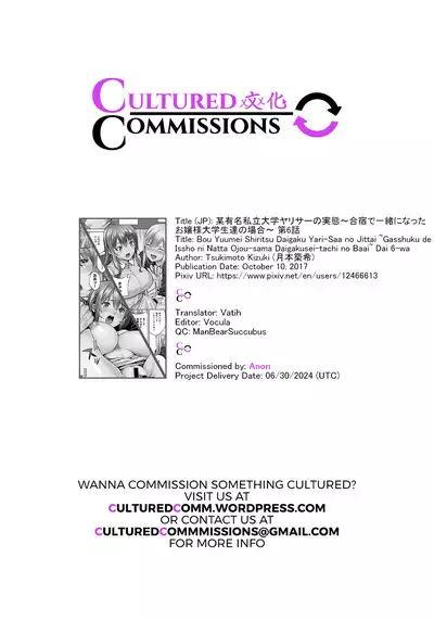 [Tsukimoto Kizuki] Bou Yuumei Shiritsu Daigaku YariCir no Jittai ~Gasshuku de Issho ni Natta Ojou-sama Daigakusei-tachi no Baai~ Ch. 6 [English] [CulturedCommissions]