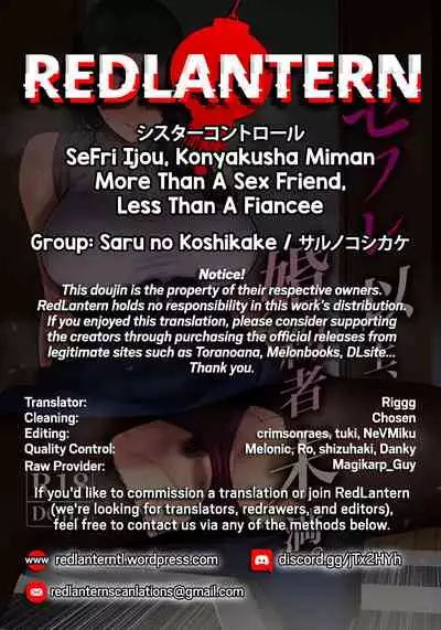 [Saru no Koshikake] SeFri Ijou, Konyakusha Miman | More Than A Sex Friend, Less Than A Fiancée [English] [RedLantern]